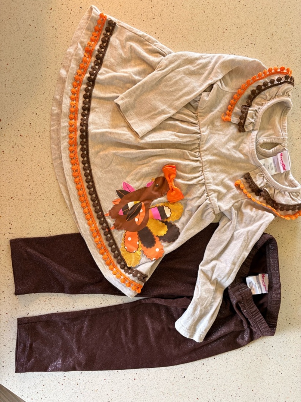 Toddler Girls Beige & Orange Turkey Dress with Sparkle Brown Leggings